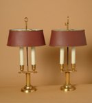 A Single French, Reproduction, Bronze, Two-Arm Bouillotte Lamps with Tole Shades